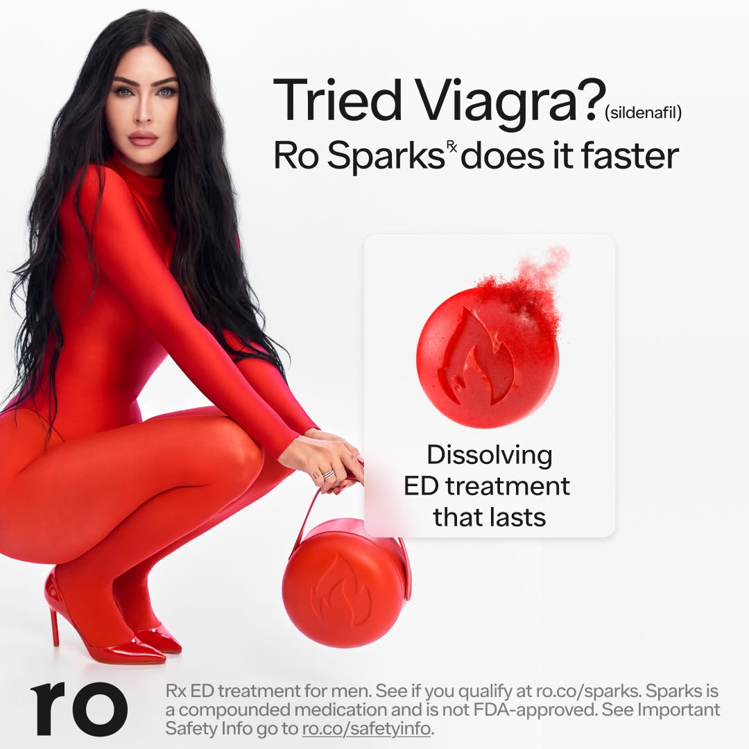 ro's tweet photo. A game changer for guys in bed. Ro Sparks is a fast-acting, 2-in-1 prescription dissolvable ED medication. Compounded, not FDA approved. See safety info link on image.
