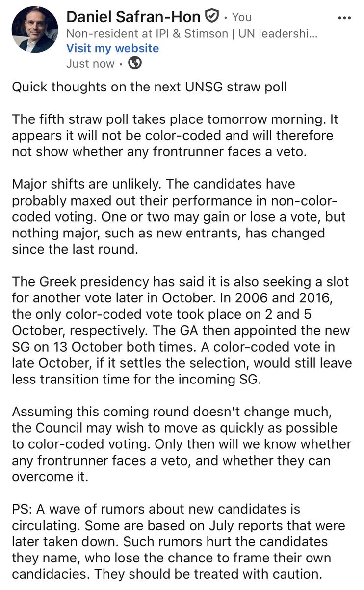 DanielSafranHon's tweet photo. Quick thoughts on the next UNSG straw poll https://t.co/GQt5miozbU