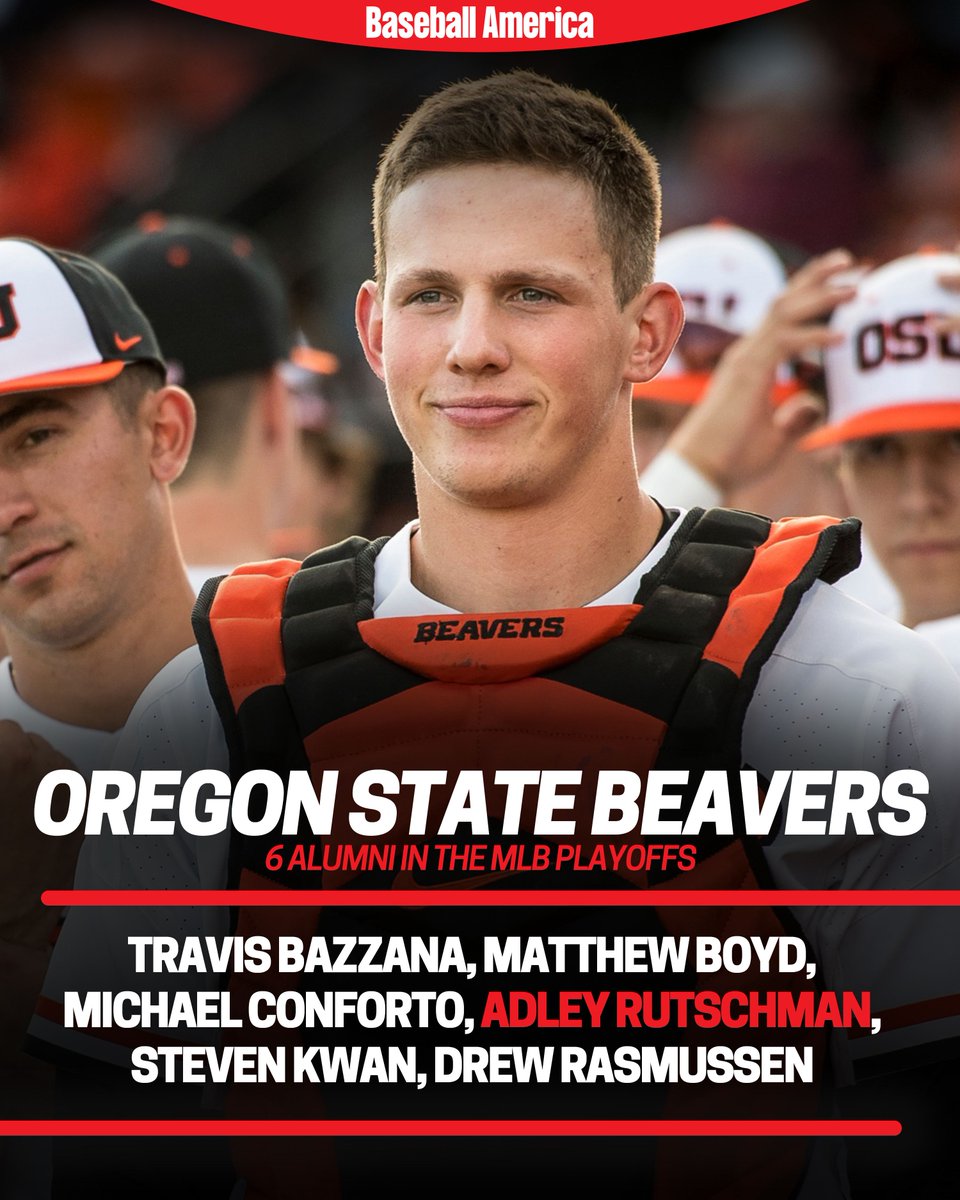 BaseballAmerica's tweet photo. No college baseball program produced more MLB Postseason stars (6) than Oregon State 🦫 

Also highly-represented are LSU (5), Vanderbilt (5), and Stanford (4).

More college baseball coverage:
https://t.co/atzf3dvCuD https://t.co/OViccVPs1f