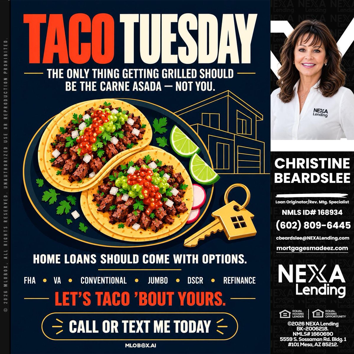 cpbeardslee's tweet photo. Taco Tuesday is here! ๐ฎ Let's spice things up and chat about your home loan options. Donโt get grilled, let's taco 'bout it! Call or text me today! ๐ #TacoTuesday #HomeLoans #LetsTacoBoutIt
๐ง cbeardslee@nexamortgage.com
๐ 6028096445 https://t.co/c1hiqxmy53