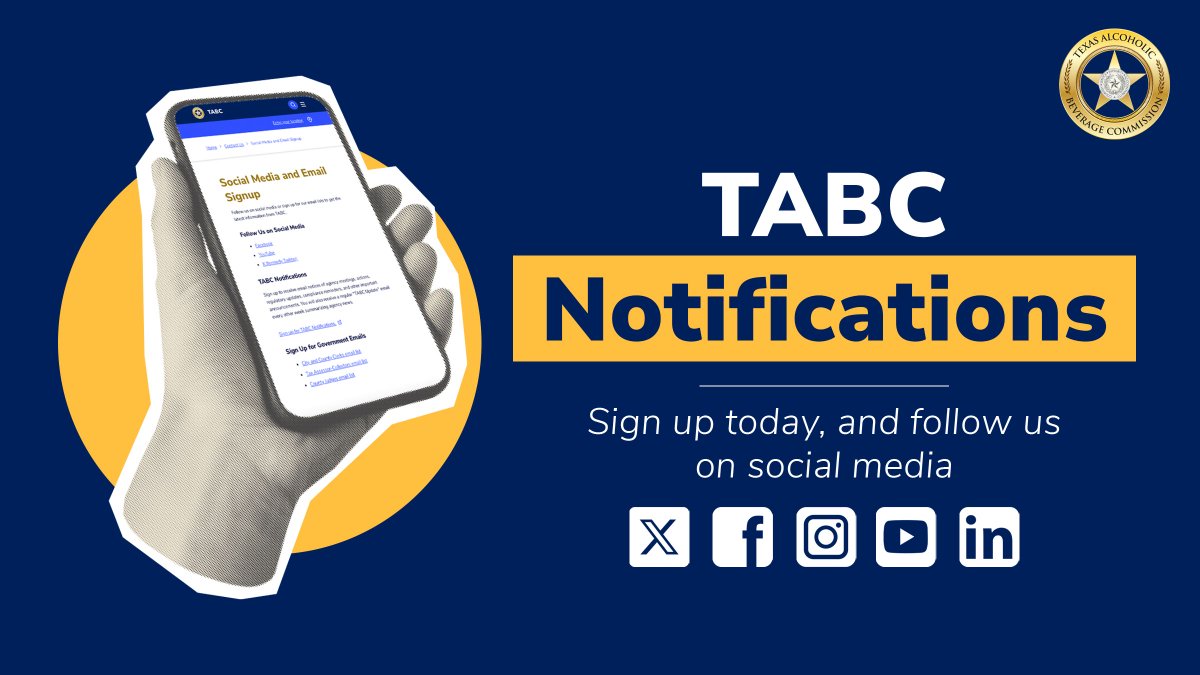 TexasABC's tweet photo. Sign up for TABC Notifications and make sure you're not missing out on email notices of agency meetings, actions, regulatory updates, and much more.

Subscribe today: https://t.co/42QztkSjhj https://t.co/MNQ8kd5xD3