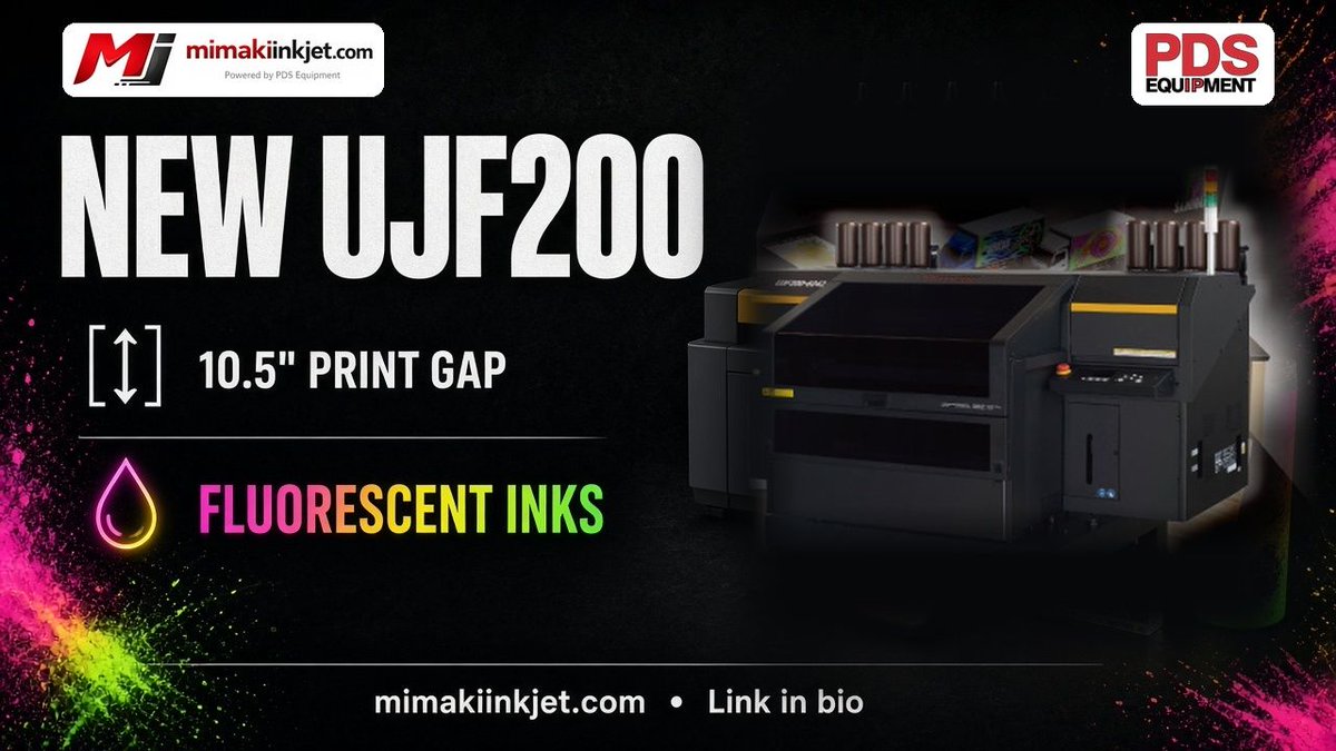 PdsEquipment's tweet photo. Meet the NEW Mimaki UJF200 ✨

📏 10.5" print gap for taller items like tumblers, boxes &amp; awards
🌈 Runs fluorescent inks, a first!

Check it out at https://t.co/Kn37BviaYE or call us at 800-737-1734.

#Mimaki #UJF200 #UVPrinting https://t.co/FjQ2QPAnOx