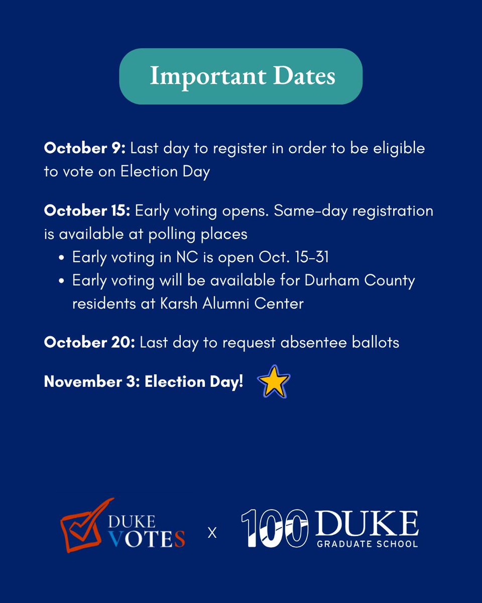 DukeGradSchool's tweet photo. Are you ready for Election Day, Blue Devils? The last day to register to vote on Election Day is THIS FRIDAY, October 9! Lucky for you, we've made it easy—visit our Linktree to find the online voter registration link and other handy information. https://t.co/gR7rvAkYah