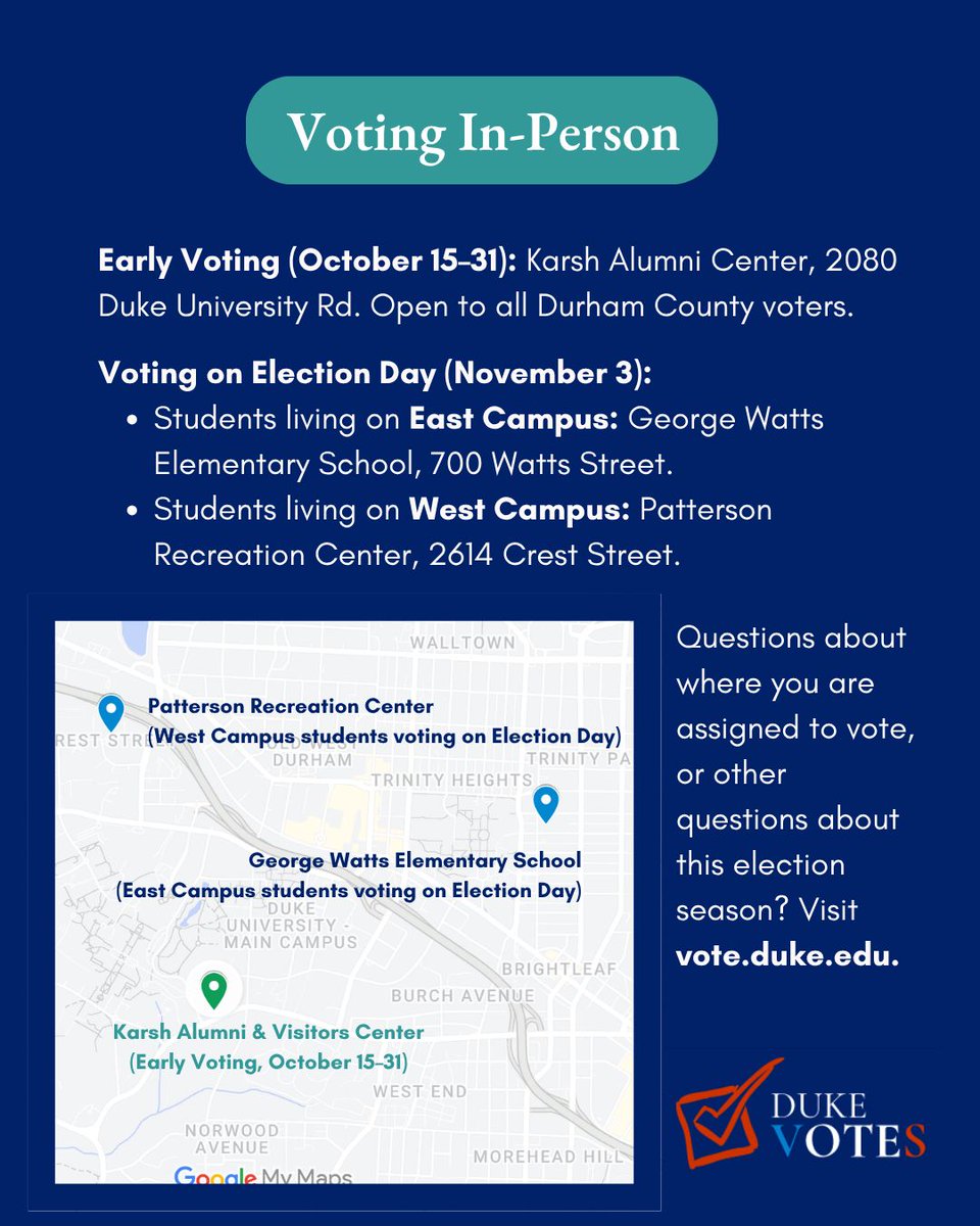 DukeGradSchool's tweet photo. Are you ready for Election Day, Blue Devils? The last day to register to vote on Election Day is THIS FRIDAY, October 9! Lucky for you, we've made it easy—visit our Linktree to find the online voter registration link and other handy information. https://t.co/gR7rvAkYah
