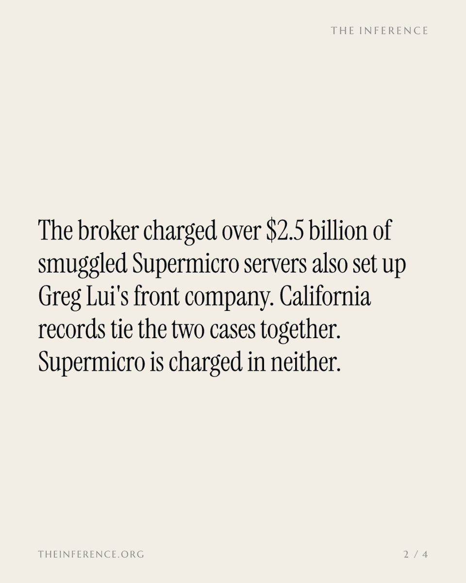 inference_org's tweet photo. Tingwei Sun, the broker charged over $2.5 billion of smuggled Supermicro servers, also incorporated Greg Lui's front company. The tie is a name in public records, not a charge.

https://t.co/K1ZoZeU2e8 https://t.co/2CpCI8Inj3