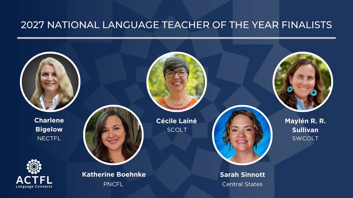 actfl's tweet photo. ACTFL is pleased to introduce the five Regional Language Teachers of the Year who are finalists for the 2027 ACTFL National Language Teacher of the Year. The award will be announced at the 2026 ACTFL Convention and World Languages Expo.

Read more: https://t.co/42BvT0EhG6 https://t.co/X7hDlbV4mc