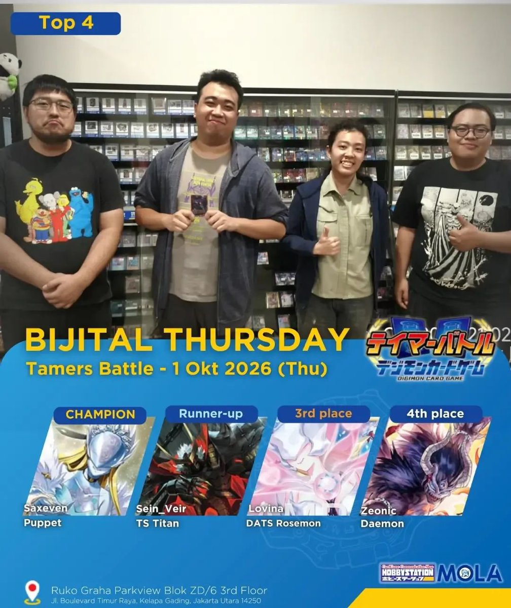 DigimonTCG_ID's tweet photo. LGS/TO : Hobby Station Mola
Event : Tamer Battle
City : Jakarta
Date : 01/10/2026
Tamers : 6
Champ : Saxeven
Deck : Puppet
@digimonmeta

#デジモン #デジカ #デジモンカードゲーム #デジモンカード #Digimon https://t.co/4c10jsBiZw