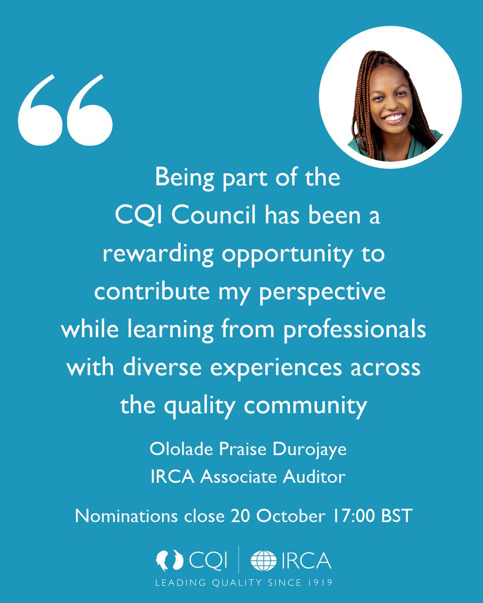 Qualityworld's tweet photo. Nominate for the CQI Council today!

6 vacancies and 5 reasons to join.

- 1 PCQI grade
- 1 Affiliate grade
- 1 IRCA Lead Auditor grade
- 1 IRCA Principal Auditor grade
- 1 IRCA Associate Auditor grade
- 1 IRCA Internal / Associate Internal Auditor grade

https://t.co/8jwMdl89IK https://t.co/BnLwhLuwG8