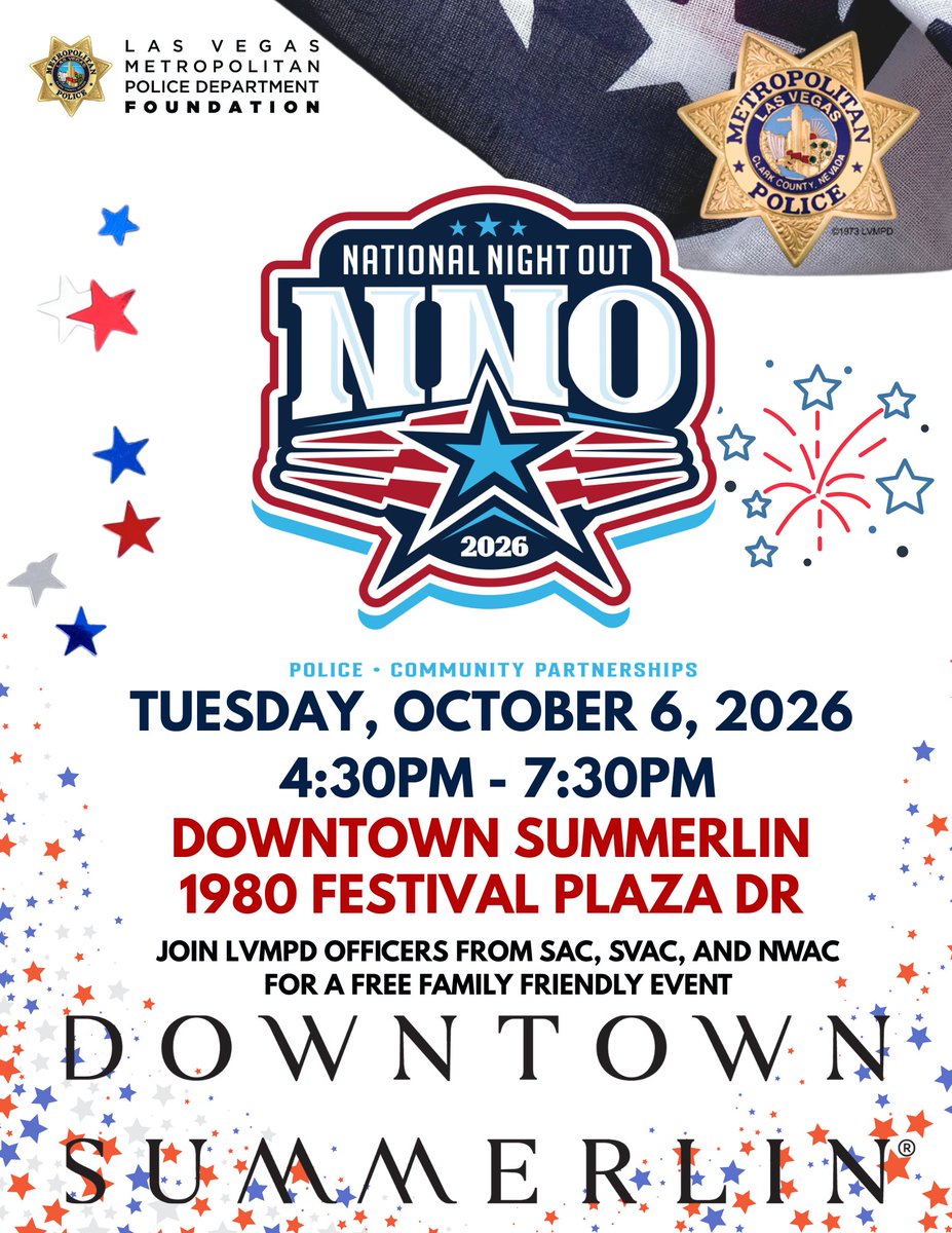 LVMPD_Summerlin's tweet photo. Tonight is the BIG NIGHT! Join us for #NationalNightOut @DTSummerlin as we celebrate the partnerships between Public Safety and our Community! @LVMPD @NVStatePolice @ccsdpd @UPDSouth @ClarkCountyFire @summerlinlv https://t.co/b0X1jFQuwp