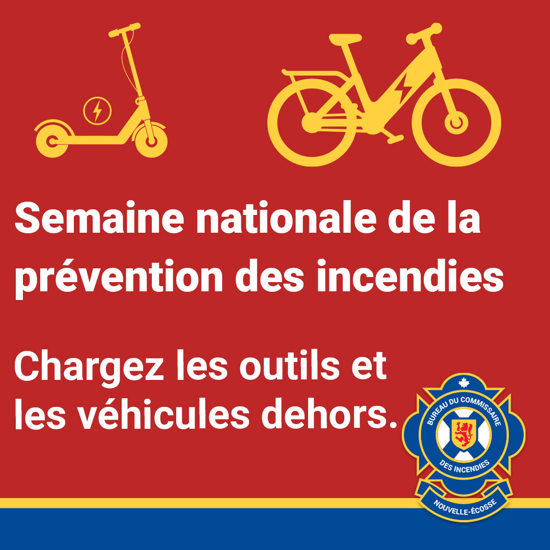 NSEmergency's tweet photo. Chargez les gros appareils comme les vélos, trottinettes et outils électriques à l’extérieur de la maison si possible, et laissez les sorties dégagées. Plus la batterie est grosse, plus le feu est gros. https://t.co/jJorKXb2A0