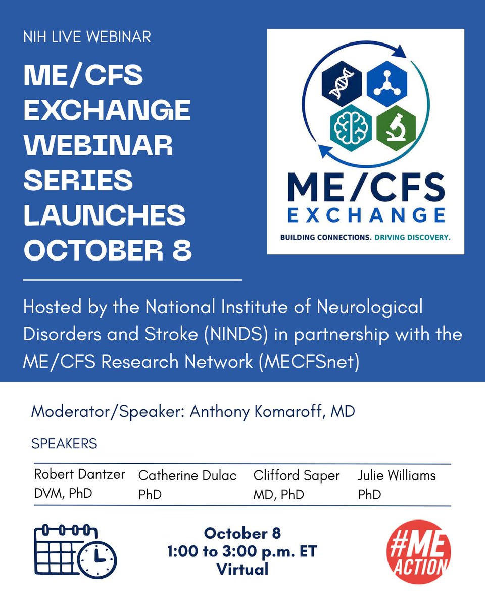 MEActNet's tweet photo. The ME/CFS Exchange Webinar Series launches Thursday- Oct. 8th!
First in the series will focus on post-acute infection symptoms.
1 pm to 3 pm ET via Zoom. 
Registration required: https://t.co/YqAILqJu7v

Hosted by NINDS in partnership with MECFSnet. 

#NIH #PwME #MECFS https://t.co/lVmjT2d2fs