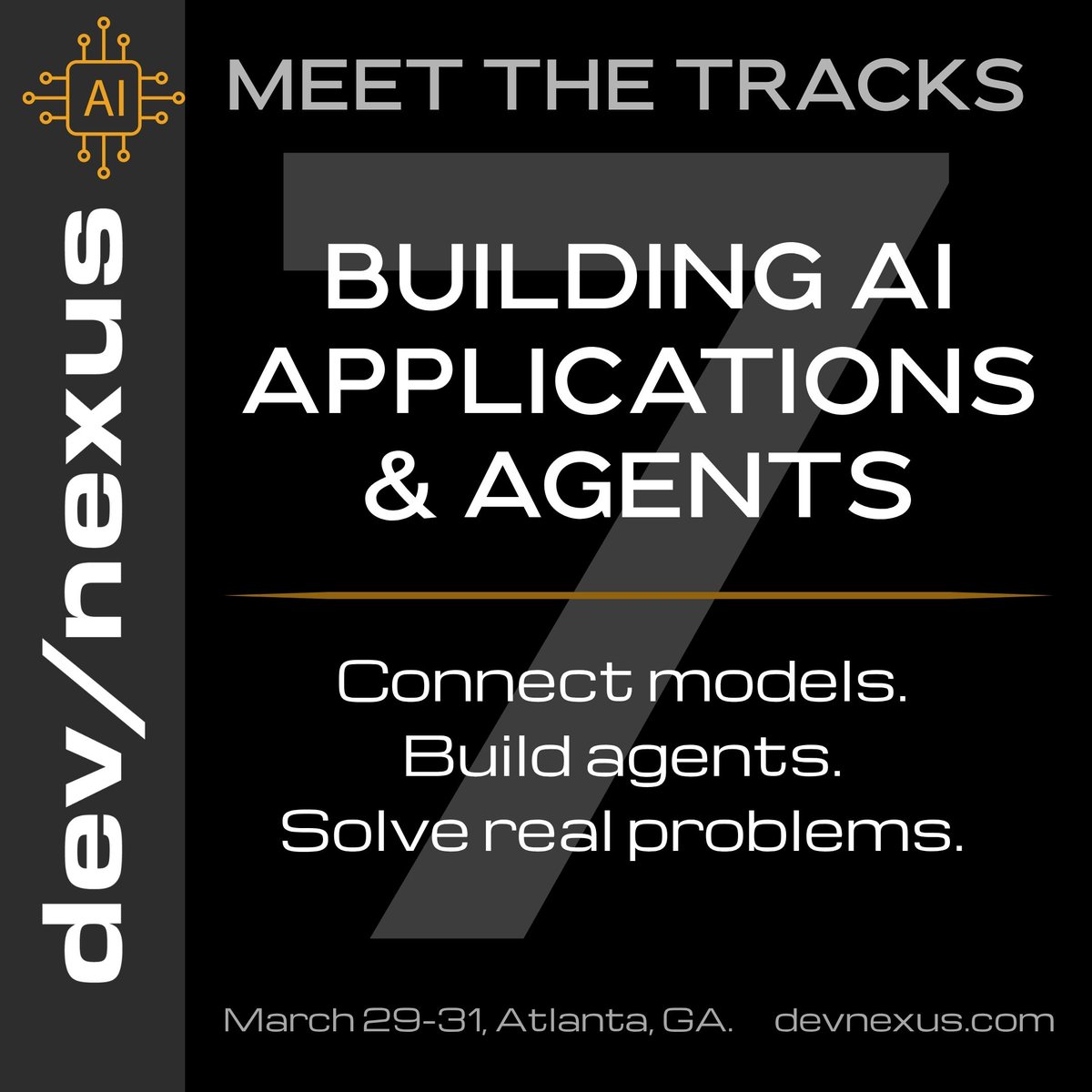 devnexus's tweet photo. So you’ve got an idea for an AI application. Now how do you actually build it? 🤖 

Meet the #Devnexus2027 Building AI Applications & Agents track.

We’re getting into model integration, RAG, context engineering, multimodal applications and agents that interact with tools, data and other systems.

The goal? Practical patterns for moving from that first idea to working software that solves real problems.

Meet the tracks → https://t.co/kWjJe9I5mX

#Devnexus #AI #AIAgents #Developer #Techevents #Atlanta