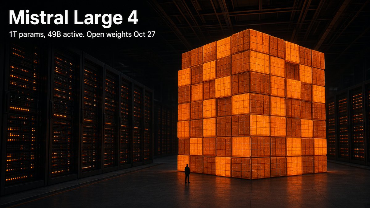 appunik_studio's tweet photo. Mistral just dropped Large 4. They're calling it Le Chonk.

1T params, 49B active, natively multimodal. Mistral says it's the best open-weight model from the US or Europe, built with coding and cyber in mind.

API preview is live now. Weights Oct 27.

https://t.co/XLLtyf4m5T https://t.co/SL65jWvhm3
