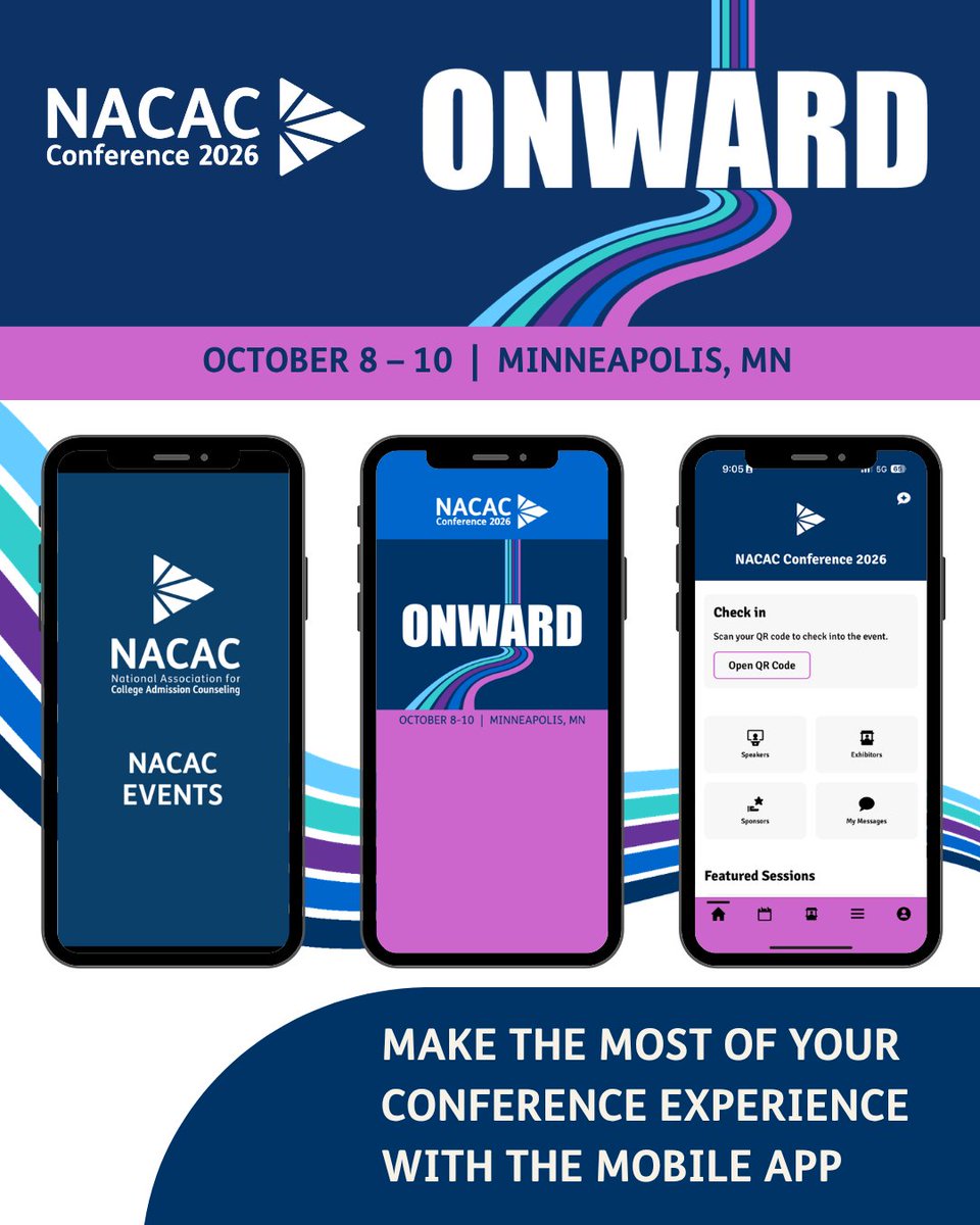 NACAC's tweet photo. Download the NACAC Events App today and make the most of your NACAC Conference  2026 experience. The app will be your one-stop shop for education session details, speakers, exhibitors, and more. https://t.co/teBSBXisGt #NACAC2026 #ONWARD https://t.co/mjZj0buRG5