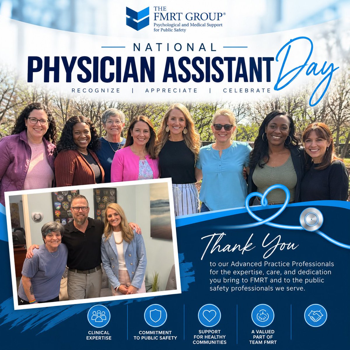 TheFMRTGroup's tweet photo. Today we celebrate our APPs for their expertise and dedication to public safety! 💙👏🩺 #PhysicianAssistantDay #PADay #AdvancedPracticeProfessionals #TeamFMRT #PublicSafety #HealthcareProfessionals #EmployeeAppreciation #TheFMRTGroup https://t.co/Zy8Bs66pHS