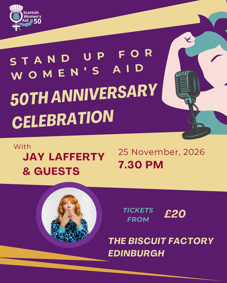 scotwomensaid's tweet photo. Join us for ‘Stand Up for Women’s Aid’, a special night of comedy to celebrate 50 years of Scottish Women’s Aid.

The all-female line-up will bring plenty of laughs, as we commemorate five decades of standing up for women and children across Scotland.

Expect brilliant comedians, plenty of laughs, and the chance to raise vital funds for Scottish Women’s Aid.

The night of laughter takes place on Wednesday, 25th November 2026, featuring Jay Lafferty, Eva Peroni, Shannon Brooke and Prue Blake. It also coincides with the start of ‘16 Days of Activism against Gender-Based Violence’.

Early bird tickets on sale until Sunday. Buy your tickets here: https://t.co/eI6WZCqq0Z