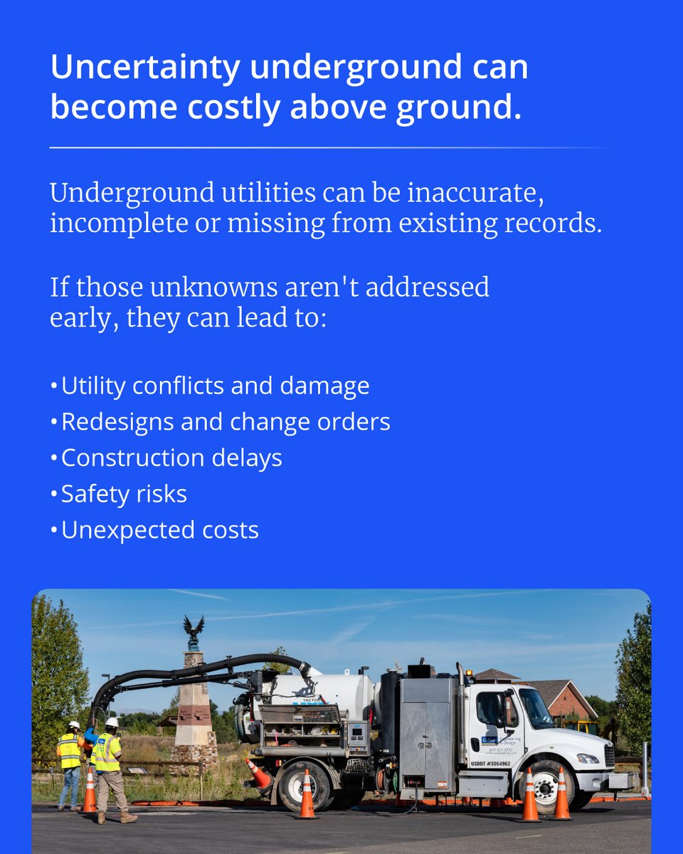 ColliersEng's tweet photo. What's underground can have major impact on what's above it - especially when it comes to project cost and schedule. For DOTs, investing in SUE early can help identify utility conflicts before construction begins.

Explore more on our website: https://t.co/m95TtYHXLY https://t.co/8cLAaqrUqB