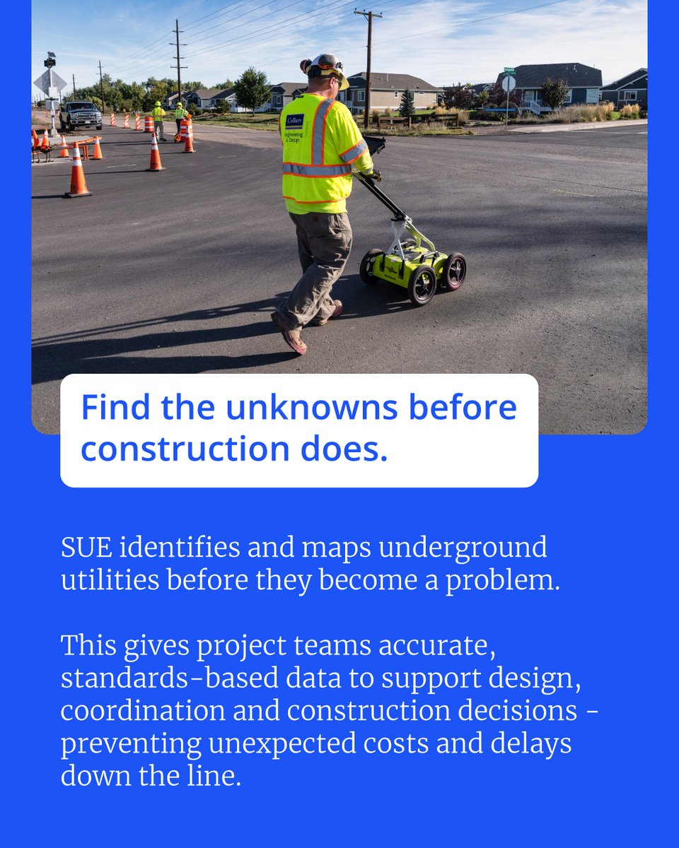 ColliersEng's tweet photo. What's underground can have major impact on what's above it - especially when it comes to project cost and schedule. For DOTs, investing in SUE early can help identify utility conflicts before construction begins.

Explore more on our website: https://t.co/m95TtYHXLY https://t.co/8cLAaqrUqB