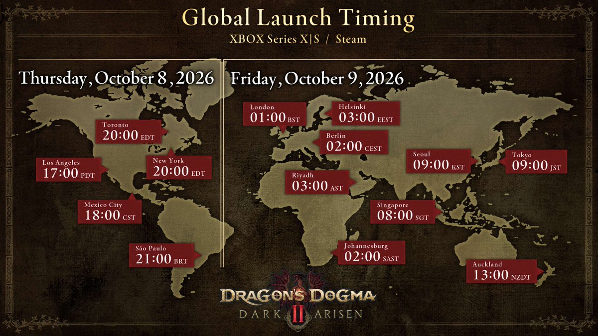 DragonsDogma's tweet photo. The Dragon's Dogma 2: Dark Arisen launch maps are here!

Check out the images below to see exactly when the digital versions of #DD2DA will release on each platform in your region. https://t.co/YpHbtk0gw2