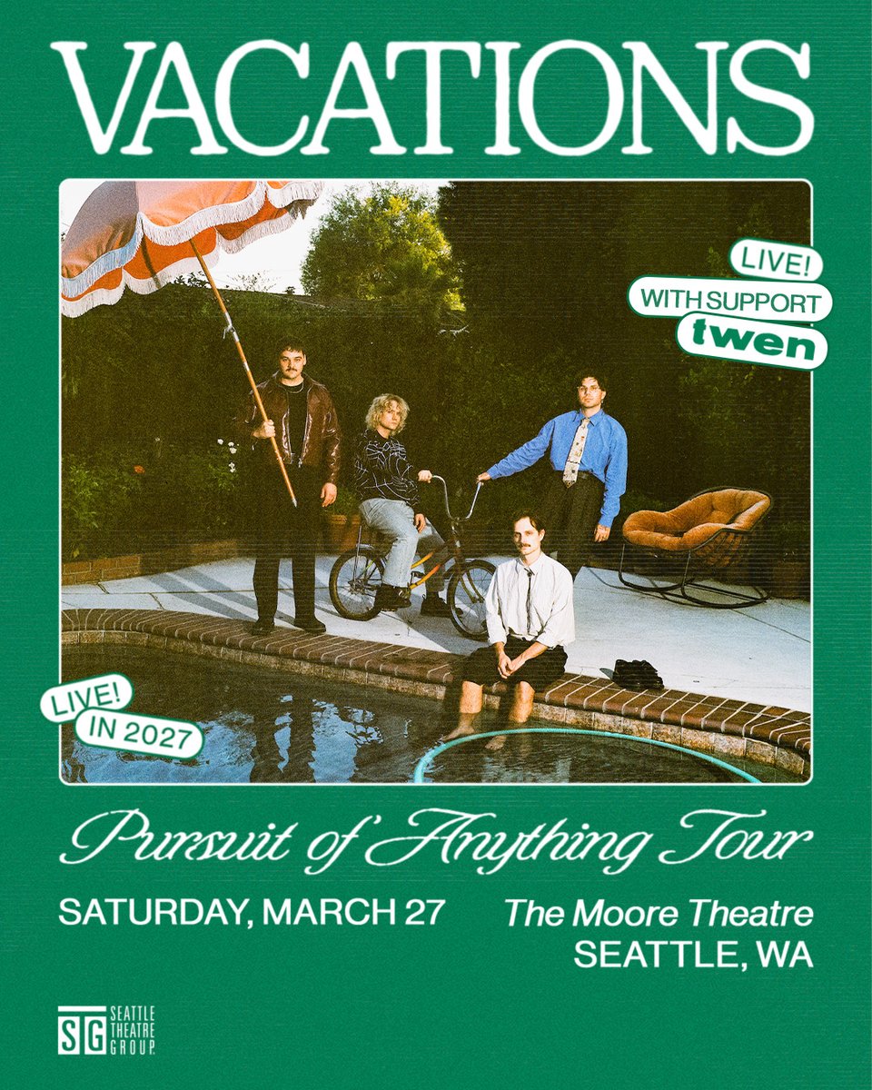 stgpresents's tweet photo. JUST ANNOUNCED: Vacations bring the Pursuit of Anything Tour to The Moore Theatre on Saturday, March 27! Tickets go on sale this Friday at 10am at https://t.co/FQWA3SMLZ2. https://t.co/X386cZAuRJ