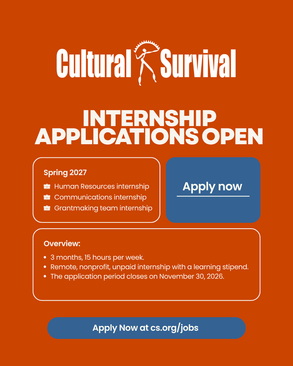 CSORG's tweet photo. Our program offers mentorship, learning, and professional development opportunities for those interested in nonprofit work and Cultural Survival’s mission to advance and defend Indigenous Peoples’ rights, lands, languages, and cultures.

https://t.co/g6eBLxlUrt https://t.co/wOn9IIgSOq