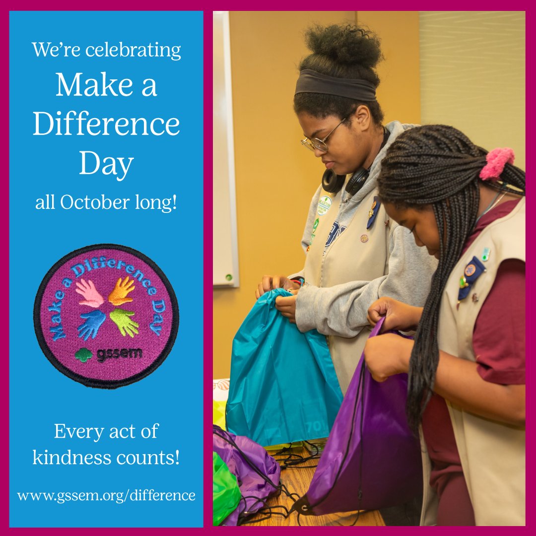 GSSEM's tweet photo. National Make a Difference Day is 10/24, but Girl Scouts can make an impact all month long! 🌎💪 Gather your troop, choose a project and get to work making a positive difference! Then, earn your Make a Difference Day patch to celebrate your service. 👉  https://t.co/CrpmjHqZ7z https://t.co/4ms0eG5xTt