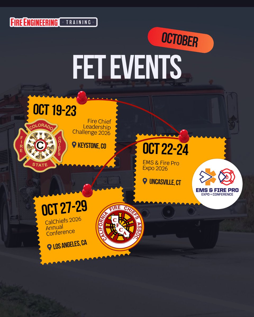 FETraining_'s tweet photo. October has the FET team headed in every direction. 🚒
We're covering six events in six cities this month.
See other events we'll be attending > https://t.co/nCBHQJrZWa
#FireEngineeringTraining #FET #FirefighterTraining #FireService #FireOfficer #FireConference https://t.co/dzCxdF4uUi