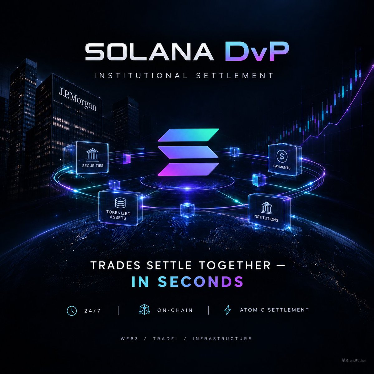 Grand_father007's tweet photo. @solana just launched Solana DvP, an open-source settlement system built for financial institutions, with input from J.P. Morgan.

The interesting part: trades that traditionally take 1–2 days can potentially settle atomically in seconds — the asset and payment move together, or neither moves. 

And this isn't happening in isolation. Solana processed over $2.6T in cumulative DEX volume since 2023, while tokenized real-world assets on the network reached around $2.1B in April 2026. 

Stablecoin supply also grew roughly 3× during 2025, reaching around $15B. 

The bigger picture?
Blockchain is slowly moving from a crypto trading infrastructure to financial market infrastructure.

Maybe the next major crypto users won't be retail traders.

Maybe they'll be institutions. 👀

👤 @Grand_Father007