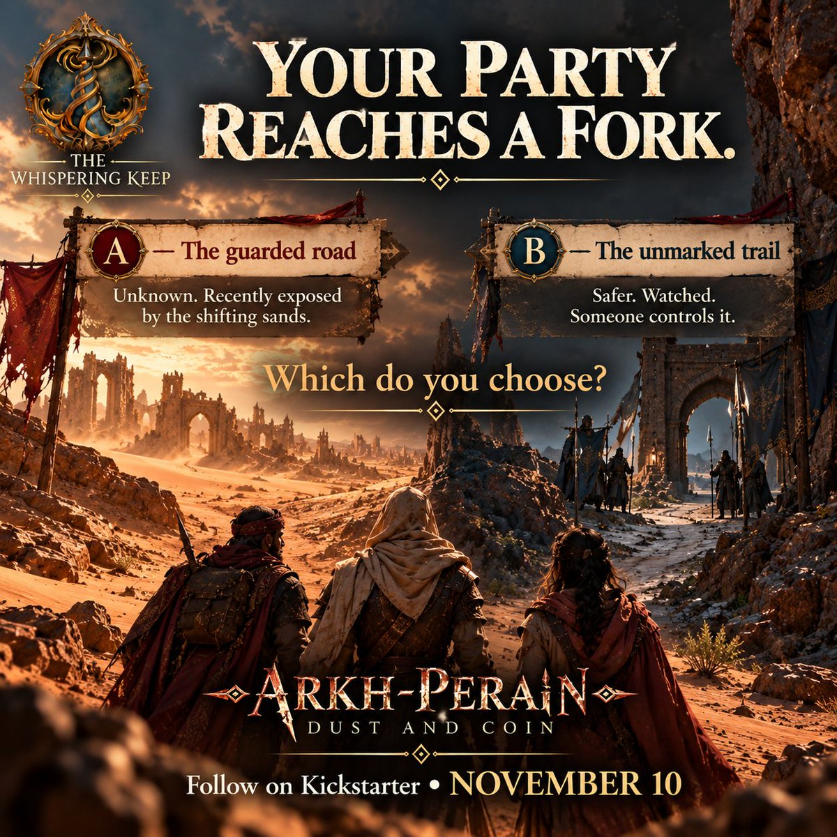 whisperingkeep's tweet photo. A or B? No third option.
A: Take the guarded road—safer, but controlled.
B: Take the unmarked trail—unknown and unpredictable.
Which risk would your party choose?
Follow the Kickstarter:
https://t.co/vJFrnNgnH7
#ArkhPerain #RPGChoices #TTRPG #DnDAdventure https://t.co/ipTQEc9lx2