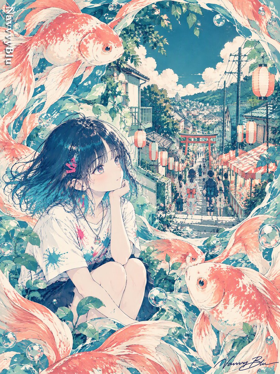 NavvvyBlu_music's tweet photo. 「金魚」から夏祭りの記憶を覗く。

記憶には、ときどき窓がある。
開け方なんて忘れていても、
何かひとつを見つけるだけで、
あの日の景色が、ふっと向こう側に現れる。

まだトライ中＆季節外れですみません😂
表現したいことが上手く伝わると嬉しいな。
#AIイラスト #NavvvyBlu https://t.co/dUCbqBA5mr