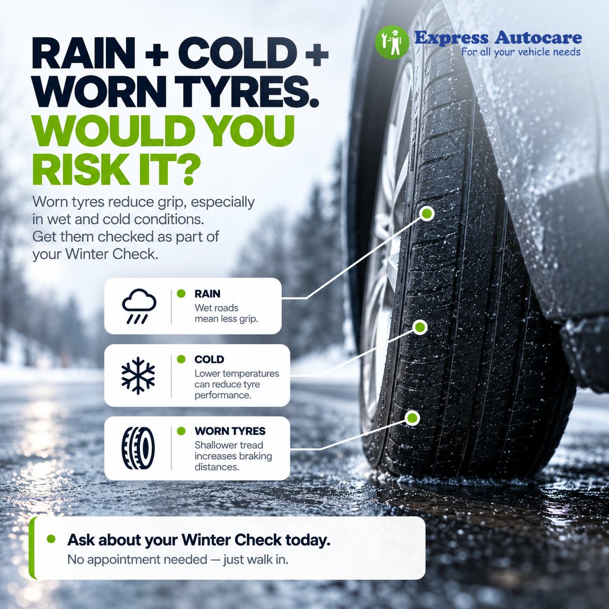 expressautouk's tweet photo. Wet roads put your tyres to the test. Is it time to get yours checked?

Pop into Express Autocare for a Winter Check, including your tyres, battery, coolant, lights and wipers. No appointment necessary.

#WinterCheck #Garage #Peterborough https://t.co/zVmXo5SjPF