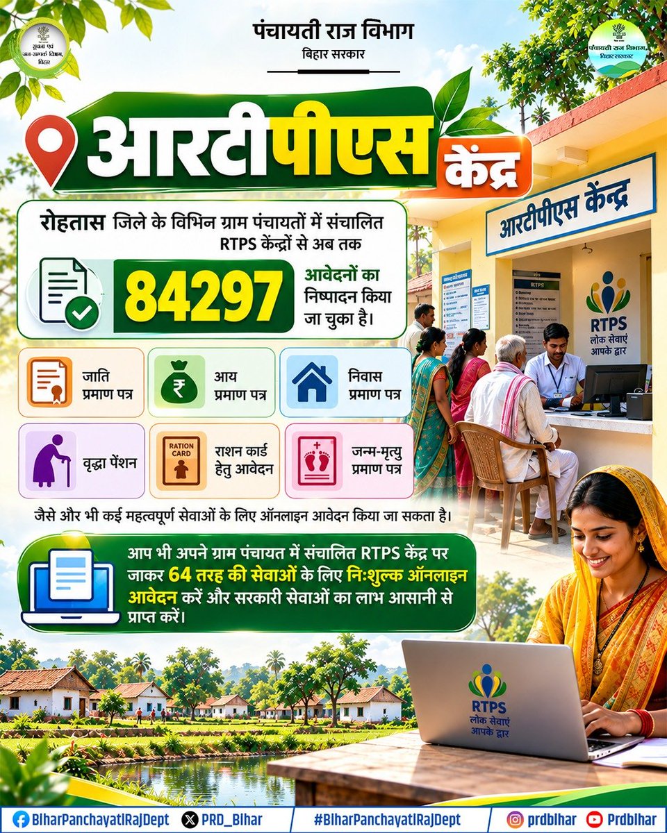 PRD_Bihar's tweet photo. आप भी अपने ग्राम पंचायत स्थित RTPS केंद्र पर जाकर 64 तरह की सेवाओं के लिए निःशुल्क ऑनलाइन आवेदन करें और सरकारी सेवाओं का लाभ आसानी से प्राप्त करें।
@samrat4bjp
@DeepakRLM
@mopr_goi
@IPRDBihar
@dm_rohtas
#LocalGovernance
#ViksitBihar
#PanchayatDevelopment
#BiharPanchayatiRajDept https://t.co/k3xwEDGdDX