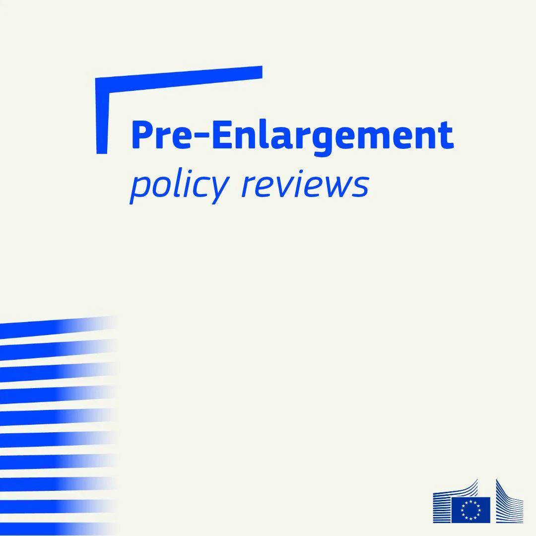 Graphic with off-white background featuring text in blue reading "Pre-Enlargement policy reviews". In the top left corner, there is a blue angled graphic element surrounding the text, and along the bottom left edge, a pattern of horizontal blue stripes with a soft gradient effect. The official European Commission logo appears in blue in the bottom right corner. 