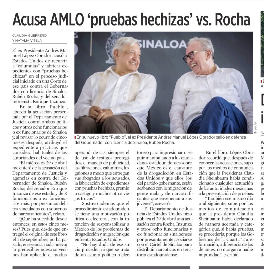DeniseDresserG's tweet photo. “Pruebas hechizas”, dice AMLO sobre el caso Rocha. Pero no se trata de un invento en una servilleta. Existe una acusación formal del Departamento de Justicia de EU contra Rocha y otros nueve funcionarios, producto de una investigación que documenta presuntos sobornos, protección al Cártel de Sinaloa e intervención criminal en la elección de 2021. Y en México, la propia FGR desmontó la versión de la Fiscalía sinaloense sobre el asesinato de Héctor Cuén. Amén de numerosos testimonios de la oposición sinaloense. Son acusaciones, no condenas, y deberán probarse ante un juez. Pero lo verdaderamente “hechizo” es el mundo que López Obrador sigue fabricando. Uno donde sus aliados son incorruptibles, Morena es impoluto y toda evidencia incómoda es una conspiración.