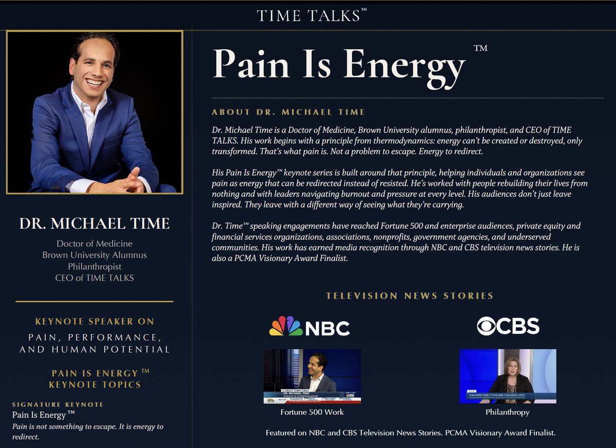 simonbenedict66's tweet photo. What if pain isn't something to escape—but energy to redirect?

Dr. Michael Time's Pain Is Energy™ keynote challenges audiences to rethink burnout, pressure, motivation and human potential.

📩 Book him: sbm@thinkingheads.com

#MichaelTime #PainIsEnergy #KeynoteSpeaker https://t.co/3fcf1j7lJw