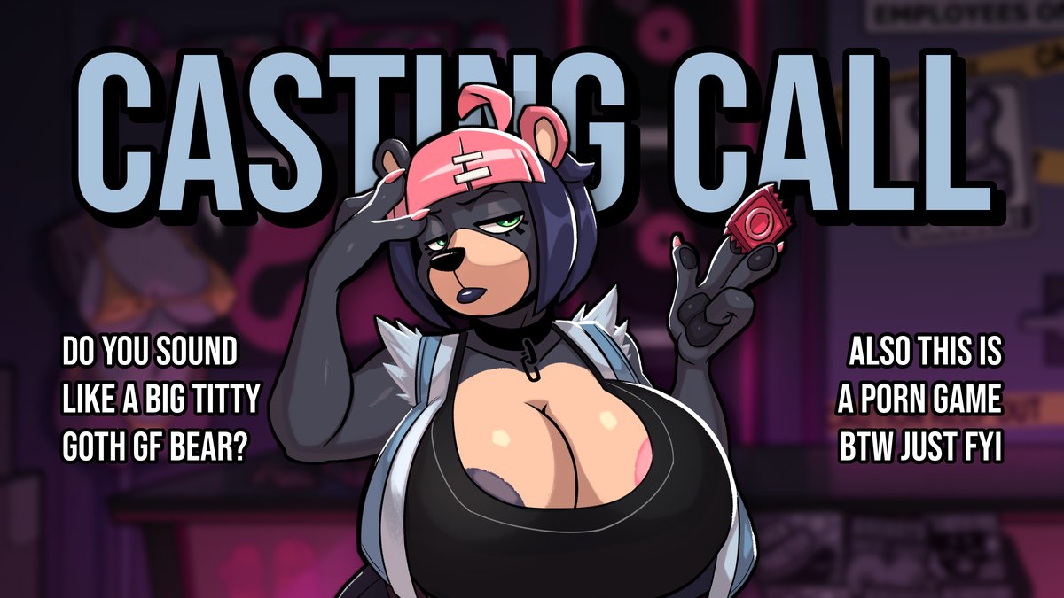 BeatBangerGame's tweet photo. 🎙️ Casting Call: Voice Actress Needed!

We're looking for someone to voice Jasmine, a big-titty goth bear who runs the sex shop in Downtown Pawsdale! 🐻🖤
It's a paid role, 18+. Deadline: Sunday, October 18.

Audition Info: https://t.co/xewsKk3y3g

• Must be 18+
• Comfortable recording explicit dialogue and NSFW Efforts for in-game scenesInfon