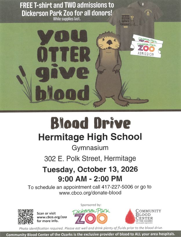 HermitageSchool's tweet photo. NHS-sponsored Blood Drive is next Tues, Oct 13, at 9 am. Co-hosted by Community Blood Center of the Ozarks, NHS members encourage all community patrons to schedule a donation time or drop in at your earliest convenience that day. π©Έππ #HornetPride #WeAreHermitage #RaisingTheBar https://t.co/wIb2TEWkn6