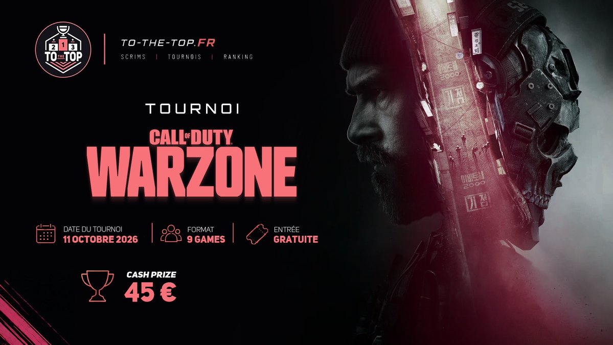 ToTheTopFR's tweet photo. 🚨 INFO TOURNOI WARZONE (11 OCT. - 14H)

Le tournoi se joue uniquement en TRIO (3v3) sur le mode RÉSURGENCE.

• ⚔️: 9 Games 
• 💰: 45 €
• 🎟️: Gratuit

📌 Toutes les étapes pour vous inscrire sont sur la 2e image !

🔗 Inscription : https://t.co/TnboN0eze4 https://t.co/4vbfpKPqEt