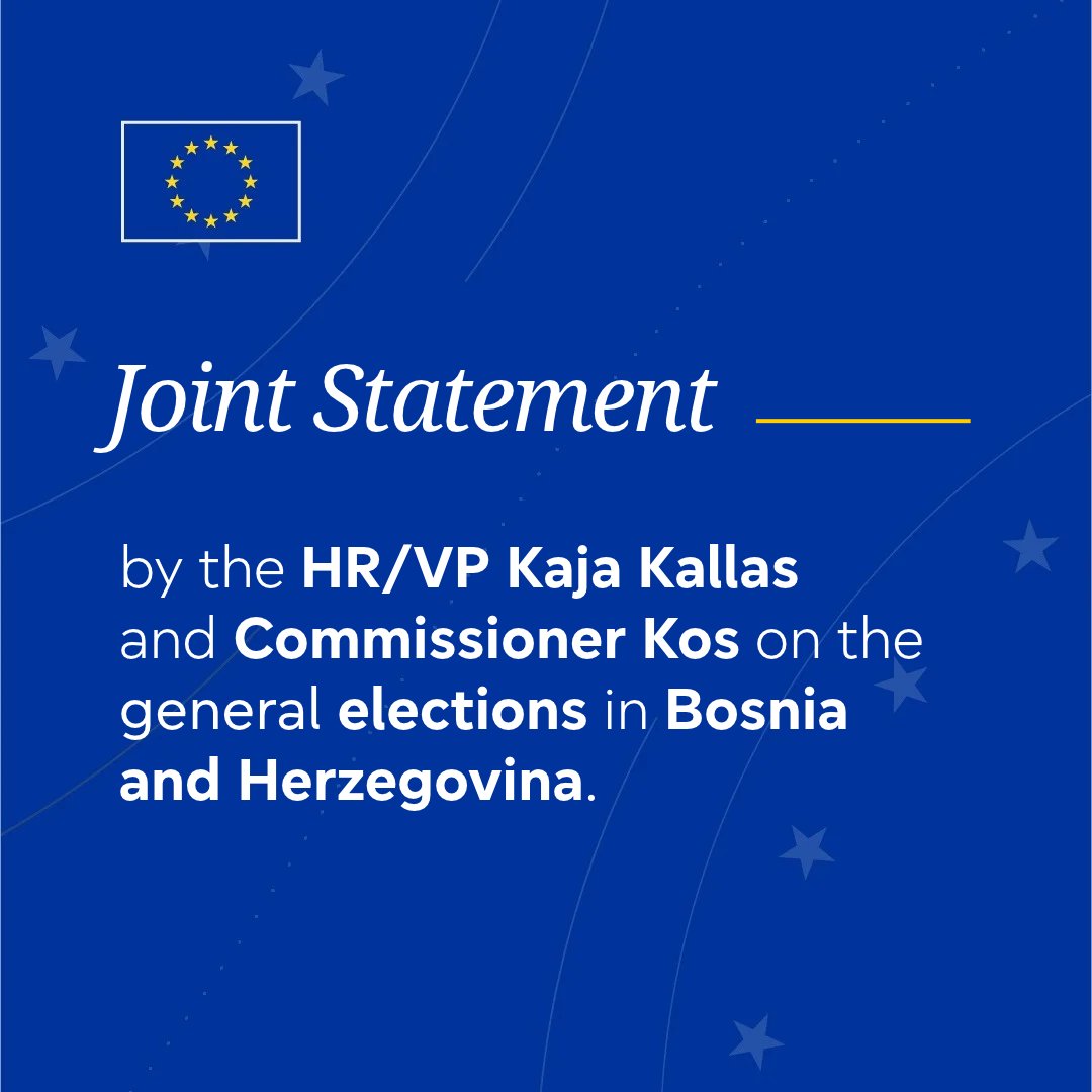 eu_eeas's tweet photo. Joint statement by the HR/VP @kajakallas and Commissioner Kos on the general elections in Bosnia and Herzegovina.

The EU reiterates its unequivocal commitment to Bosnia and Herzegovina’s EU perspective as a single, united and sovereign country.

Read more: https://t.co/SrZl0BM09k