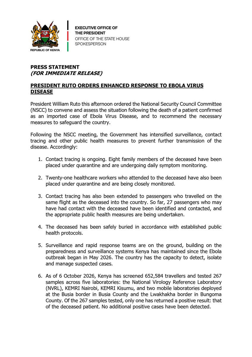 The_Mmaitsi's tweet photo. Press Statement: President @WilliamsRuto Orders Enhanced Response to Ebola Virus Disease https://t.co/Yhqo9mdMW5