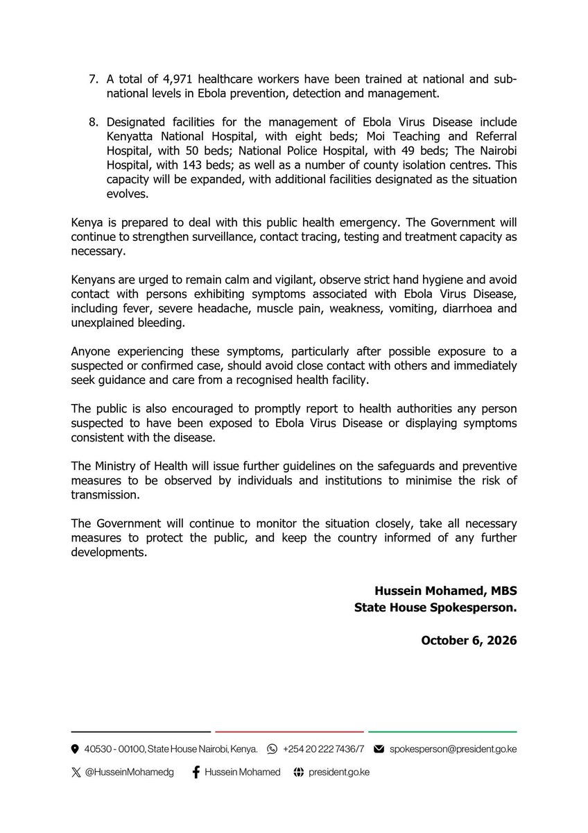 The_Mmaitsi's tweet photo. Press Statement: President @WilliamsRuto Orders Enhanced Response to Ebola Virus Disease https://t.co/Yhqo9mdMW5
