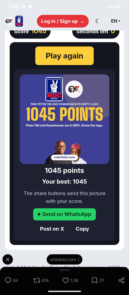 EZEANYAEJIAFUN1's tweet photo. I scored 1045 in Find Peter Obi and Kwankwaso’s Party Logo. Peter Obi and Kwankwaso are in NDC. Know the logo. Can you beat me? https://t.co/4La3EUtO03