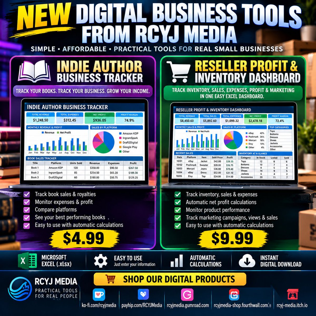AuthorTommyB's tweet photo. 📊 NEW DIGITAL BUSINESS TOOLS FROM RCYJ MEDIA

📚 Indie Author Business Tracker — $4.99

📦 Reseller Profit &amp; Inventory Dashboard — $9.99
Track inventory, sales, expenses, fees, profit, marketing performance, and more — all from one Excel workbook. https://t.co/LykR2iPlkW
