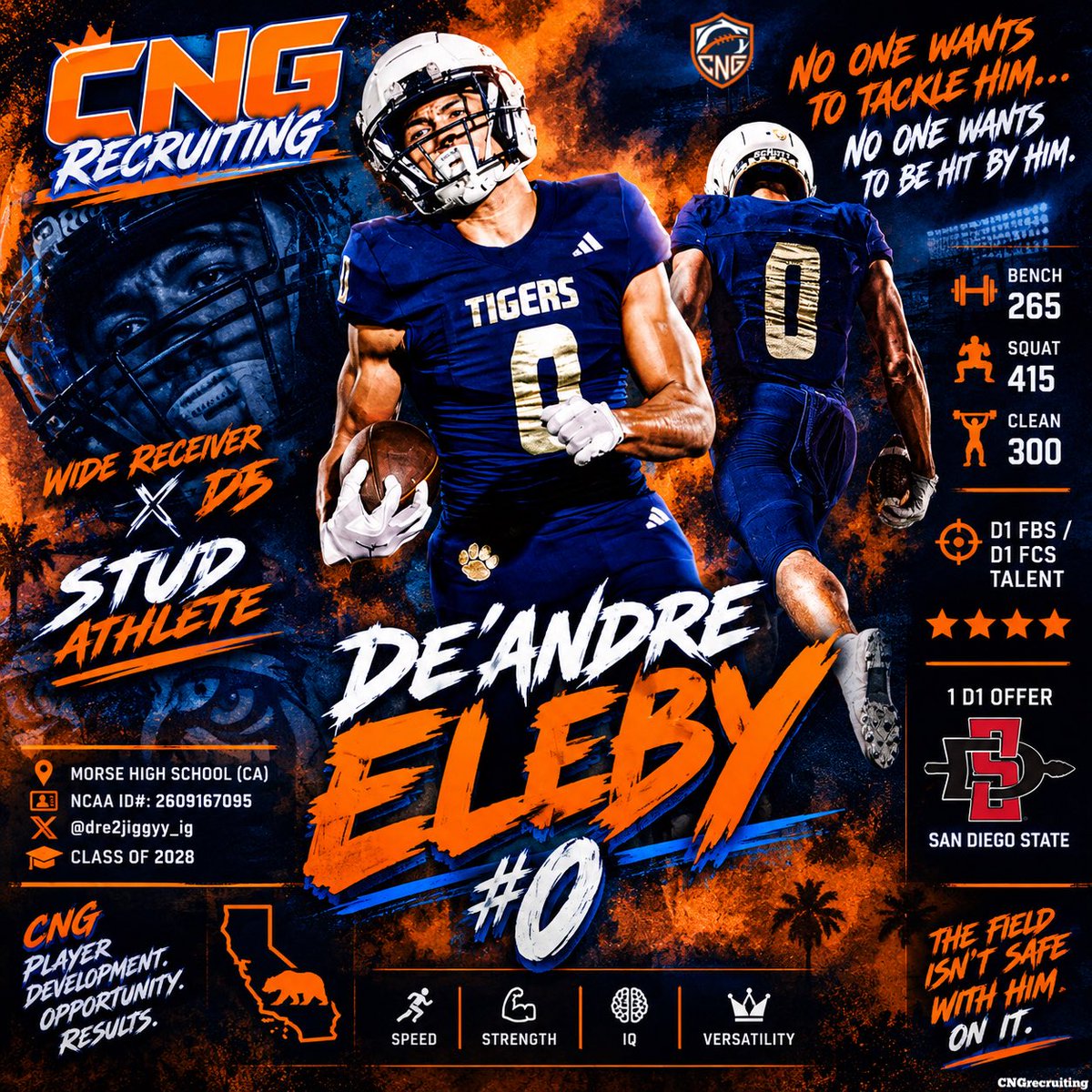CoachGalatis's tweet photo. De’Andre Eleby | 2028 ATH | Morse HS (CA) | 6’2” 190 lbs

4⭐ ATH with the versatility, physicality and athletic ability to make an impact on both sides of the football.

De’Andre is a true two-way STUD — lining up at WR and DB and bringing a physical presence every time he steps on the field. He’s the type of athlete you don’t want to tackle in space… and you definitely don’t want coming downhill looking to make a hit.

💪 Bench: 265
🏋️ Squat: 415
⚡ Clean: 300

📍 Morse High School | San Diego, CA
🎓 Class of 2028
🏈 WR / DB / ATH
⭐️ 4-Star Athlete
🔵 D1 FBS / D1 FCS Talent
🎯 1 D1 Offer — San Diego State

At 6’2”, 190 lbs with legit strength numbers and two-way ability, Eleby is an athlete college programs should have on their radar early in the 2028 recruiting class.

College Coaches: Don’t let this one slip under the radar.

📩 Contact:
X: @dre2jiggyy_ig
NCAA ID: 2609167095

#CNGrecruiting #CollegeFootball #HighSchoolFootball #FootballRecruiting #FootballRecruitment