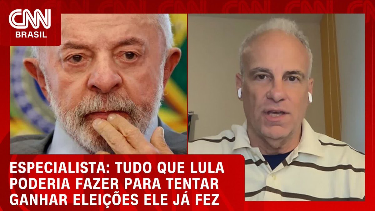 A CNN Brasil news segment shows a split-screen featuring Brazilian President Lula on the left and a political specialist on the right, with a headline reading "ESPECIALISTA: TUDO QUE LULA PODERIA FAZER PARA TENTAR GANHAR ELEIÇÕES ELE JÁ FEZ" (Specialist: Everything Lula could do to try to win elections he has already done), relating to the post about a political scientist assessing the second-round election scenario.