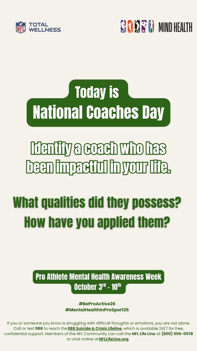 NFLFootballOps's tweet photo. @nbacares To celebrate National Coaches Day, Coach George Stewart shares the wellness practices that help him stay grounded, focused, and healthy. 

#MentalHealthInProSport26 #BeProActive26 #NationalCoachesDay https://t.co/g9DAN68J5v