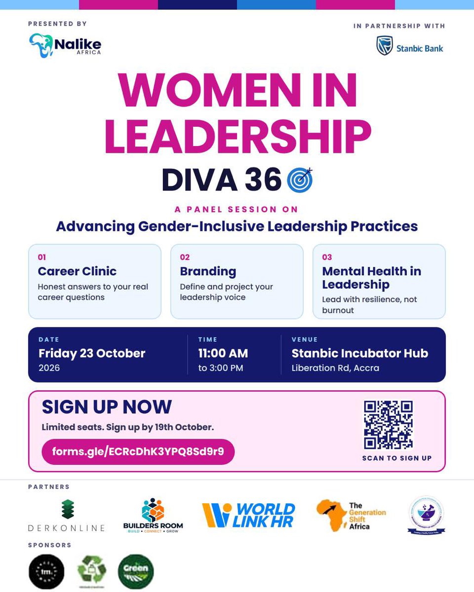 WorldlinkHR's tweet photo. Proud Partner Alert! β¨
Join us to talk Career Growth, Personal Branding & Mental Health in Leadership.
π
Fri, 23rd Oct | 11AM-3PM
π Stanbic Incubator Hub, Accra
Limited seats - Sign up by 19th Oct: https://t.co/WLTNVztOOb
#WomenInLeadership #DIVA360 https://t.co/RFyl3yiE7V