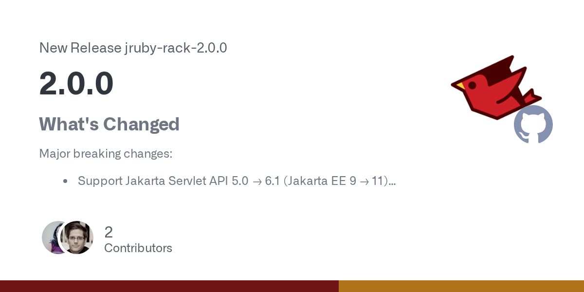jruby's tweet photo. We're happy to announce jruby-rack 2.0.0, updating our servlet/rack bridge to support the Jakarta Servlet API! We partnered with JRuby contributor https://t.co/dAZJ5rAsMH and the @killbill_io Open Source billing and payments platform to make this happen.
https://t.co/DTdbh4aP7F https://t.co/zOzuB6Bfnc