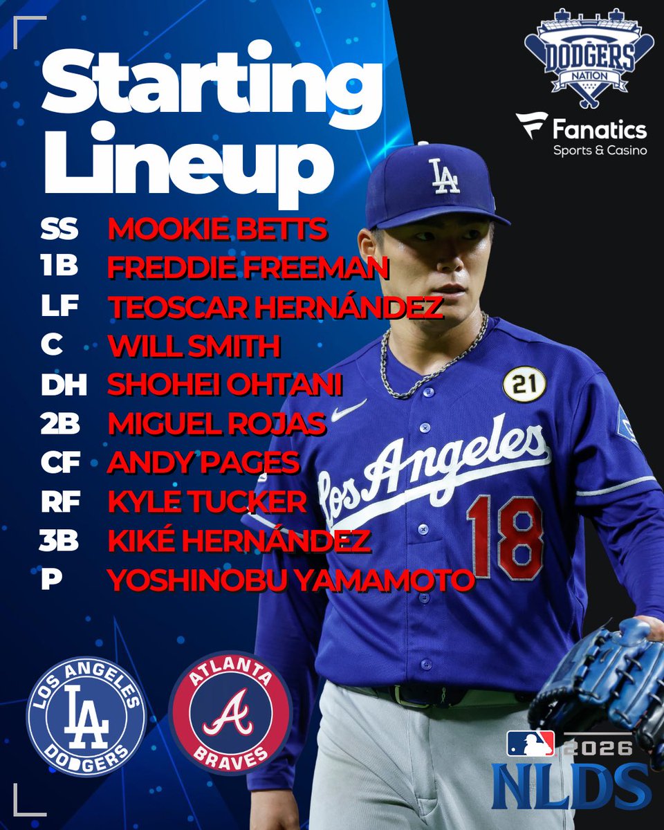 DodgersNation's tweet photo. BREAKING: Shohei Ohtani is batting 5th, Kiké Hernández is making his first start of the 2026 postseason and Freddie Freeman is batting 2nd in today’s lineup 🚨

Big changes for the Dodgers before NLDS Game 3. https://t.co/00qJly1DSJ