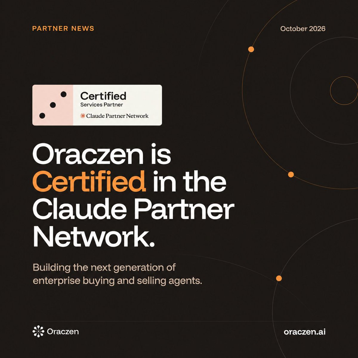 oraczen's tweet photo. Enterprise software won't just assist. It will act.  
Oraczen is Certified in the Claude Partner Network. Building agents that buy and sell.  

Thank you @anthropicai @claudeai for building an ecosystem worth building in.  
https://t.co/ysaZHz3RNk

#ClaudePartnerNetwork #Oraczen https://t.co/PVP0LxYfRY